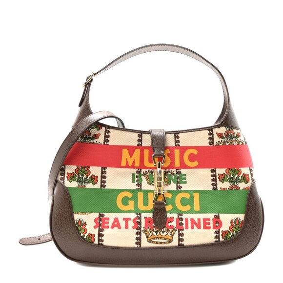 NWT Gucci Jackie 1961 Hobo Handbag Music Printed Beige Canvas Leather Strap - Picture 1 of 13